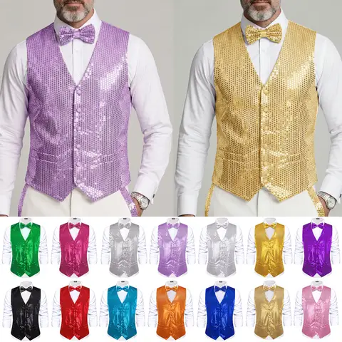 Men's Sparkly Sequin V-Neck Suit Vest Paired With a Bow Tie Two-Piece Set Suitable For Weddings Evening Dinners Parties