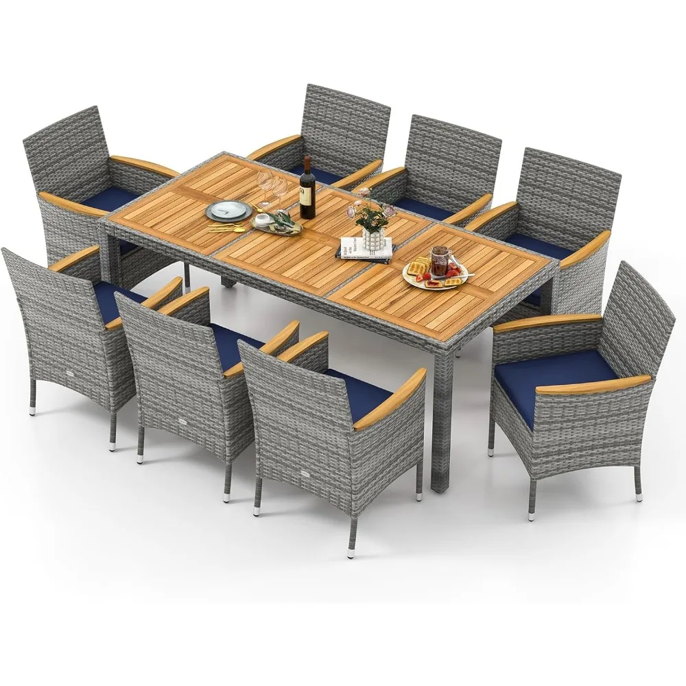 

9 Pieces Patio PE Wicker Dining Set, Outdoor Acacia Wood Table and Chairs for 8 with Cushions and 2" Umbrella Hole, Outdoor Din