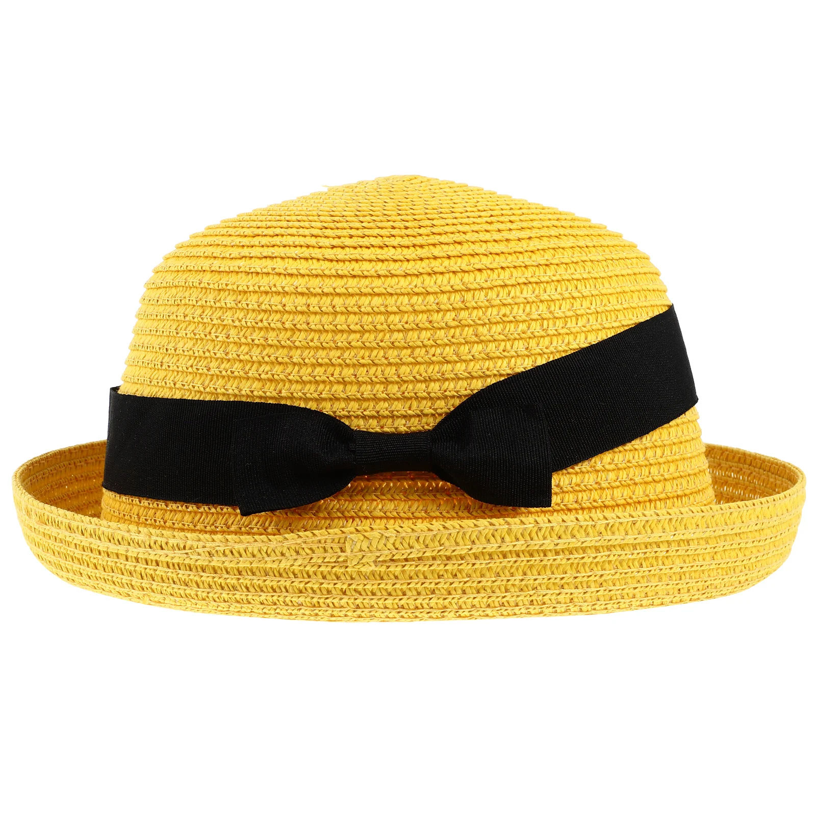 

Yellow Straw Bowler Sun Hat Women Roll-Up Wide Brim Summer Beach Hat Outdoor Beach for Women