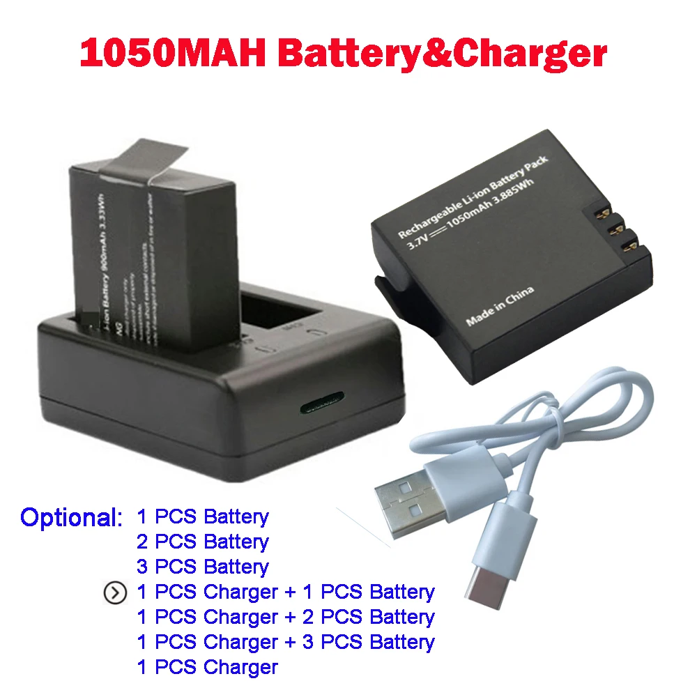 1050/1350 MAH Large Capacity Lithium Battery & Charger For Waterproof Sport Camera  Action Camera Battery Life 1-3 Hours