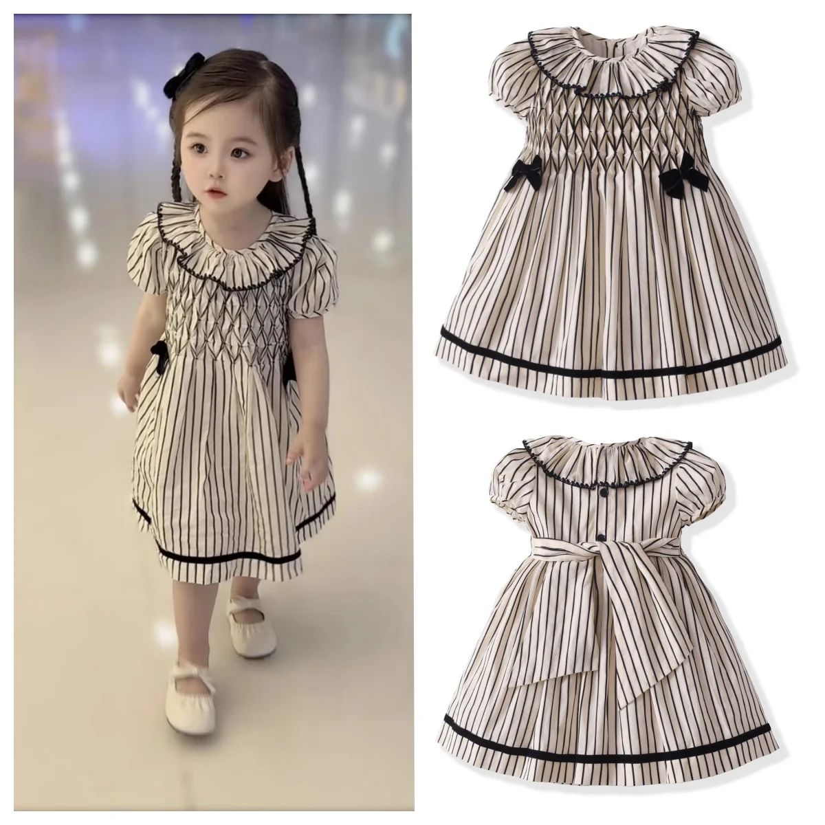 2025 Baby Girls Dress Short Sleeve Thin Striped Cotton Summer Outfits Bow Girls Clothes Matching Summer Unisex Casual Simple