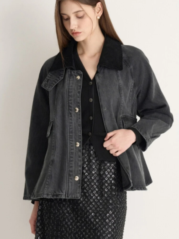 

Casual Loose Fit ort Denim Jaet Turn-down Collar Slimming Women's Faionable Autumn New Sle Korean Simple Ele