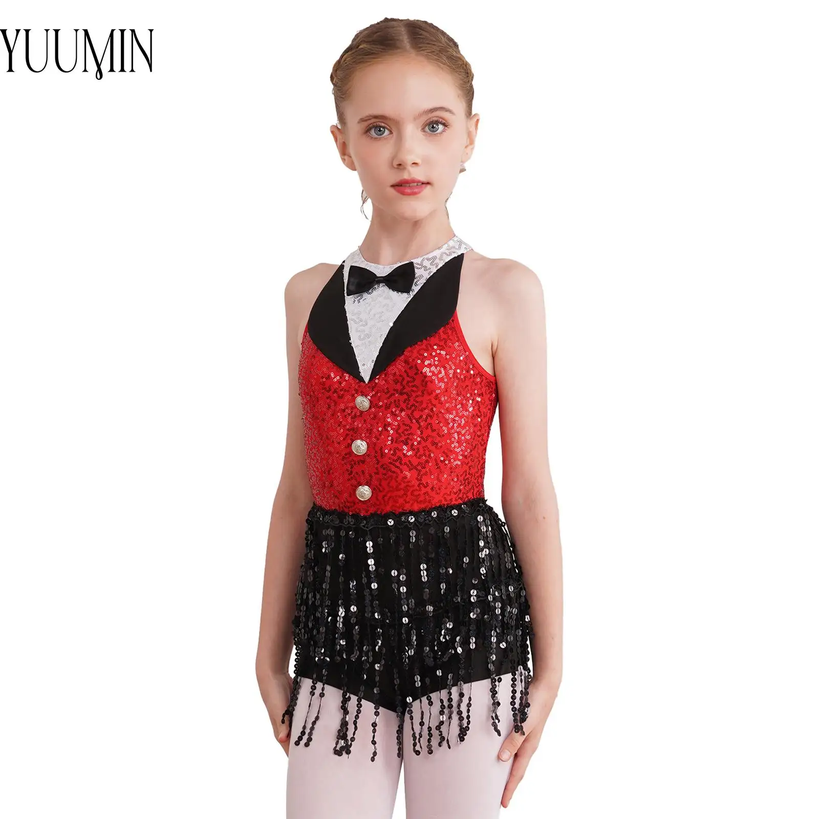 Kids Girls Sequin Dance Dress Sleeveless Back Keyhole Boyshorts Sequin Tassel One-Piece Dancewear for Latin Jazz Performance