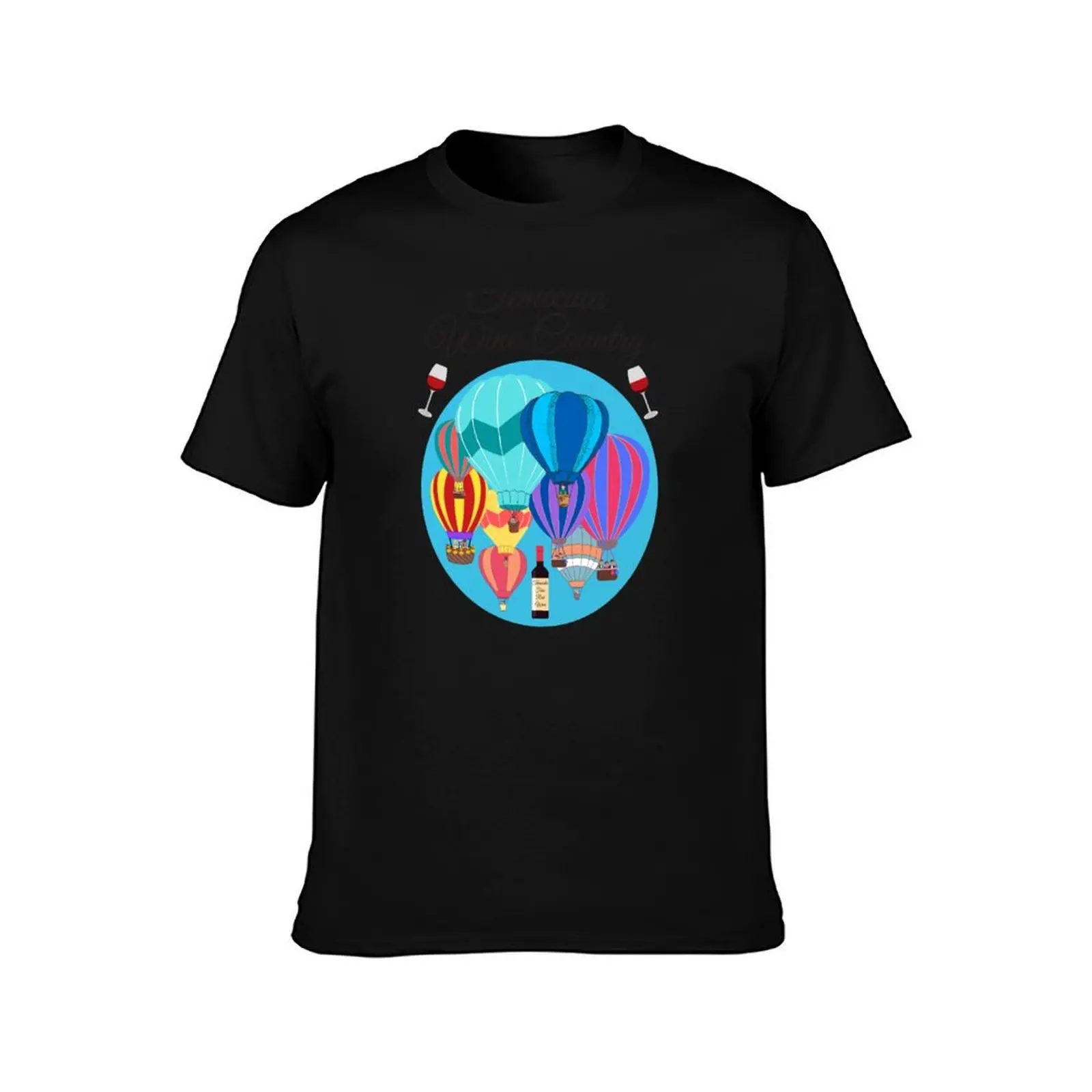 Temecula Wine country glasses and hot air balloons T-Shirt, Summer Casual Cotton Tee, Oversized Streetwear Tops, 100% Cotton