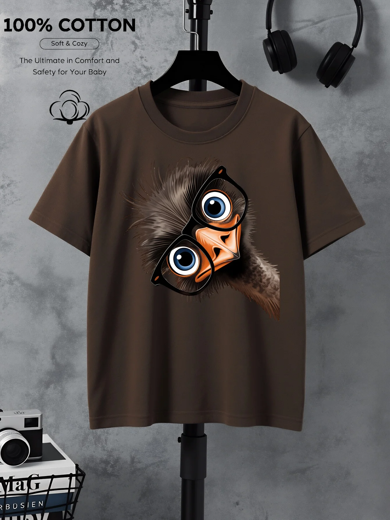 Funny Big Eyes Ostrich Glasses Pattern Short Sleeve Casual Wear Daily Versatile Male and Female Holiday Gifts Preferred