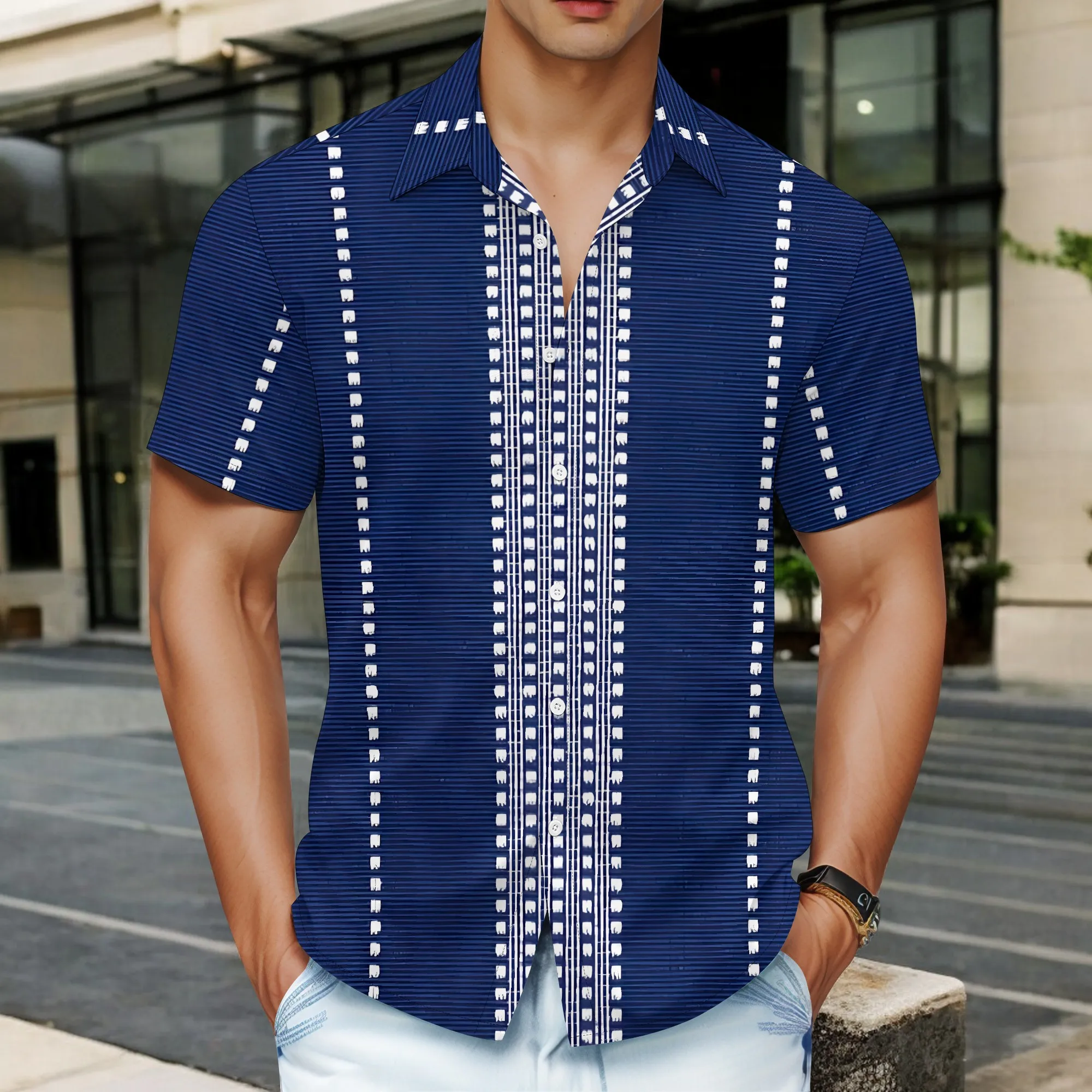 

YEAE Blue Vertical Stripe Print Shirt for Men Summer Casual Short Sleeve Top