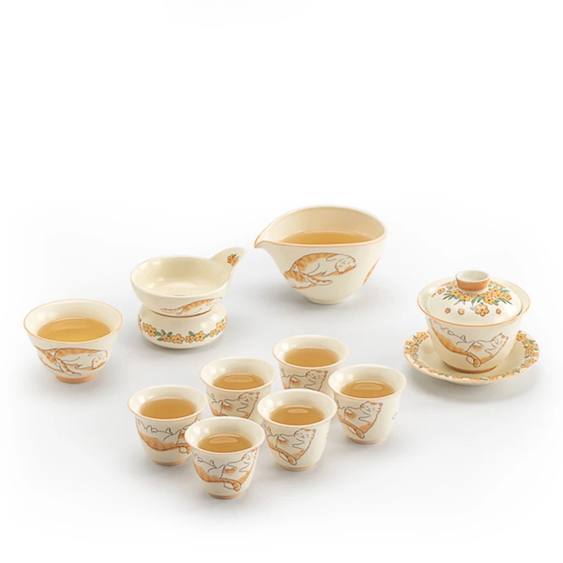 9 Pcs/set Chinese Ceramic Tea Set Handmade Cute Cat Gaiwan Fair Cup Beauty Tea Infuser Teacup Tea Strainers Household Teaware