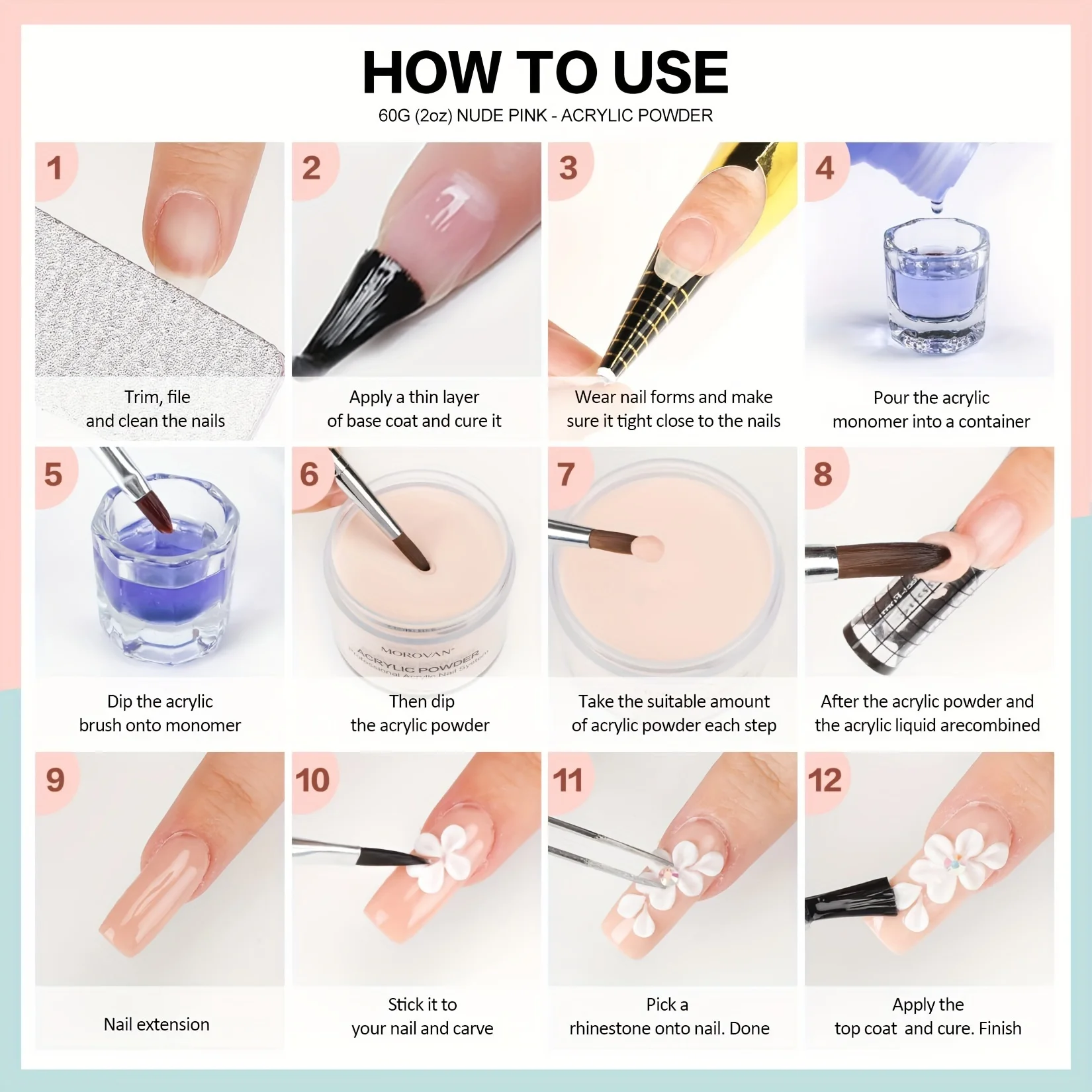 Morovan Acrylic Nail Powder Set: 4 Colors Clear Nude Pink White Acrylic Powder Colored Acrylic Nail Powder for Acrylic Nail Ext