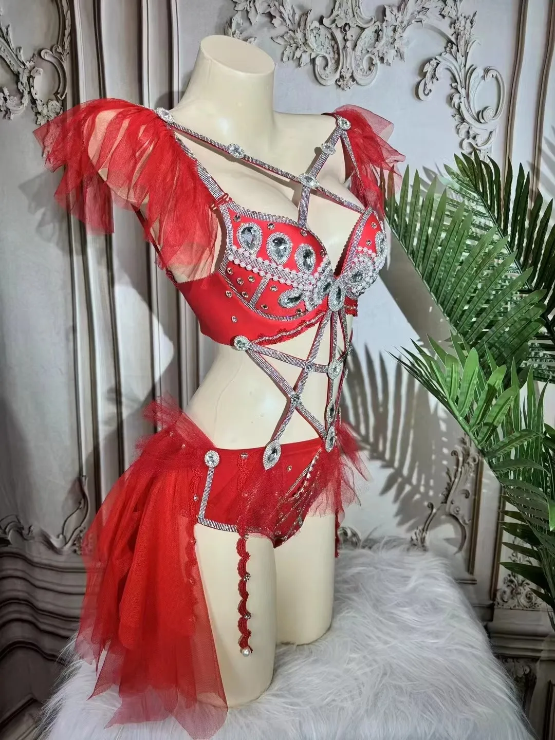 Women's Fashion Sexy Red/Pink Rhinestones Bikini Bodysuit Nightclub Bar DJ Disco Dance Performance Stage Rave Outfit Wear