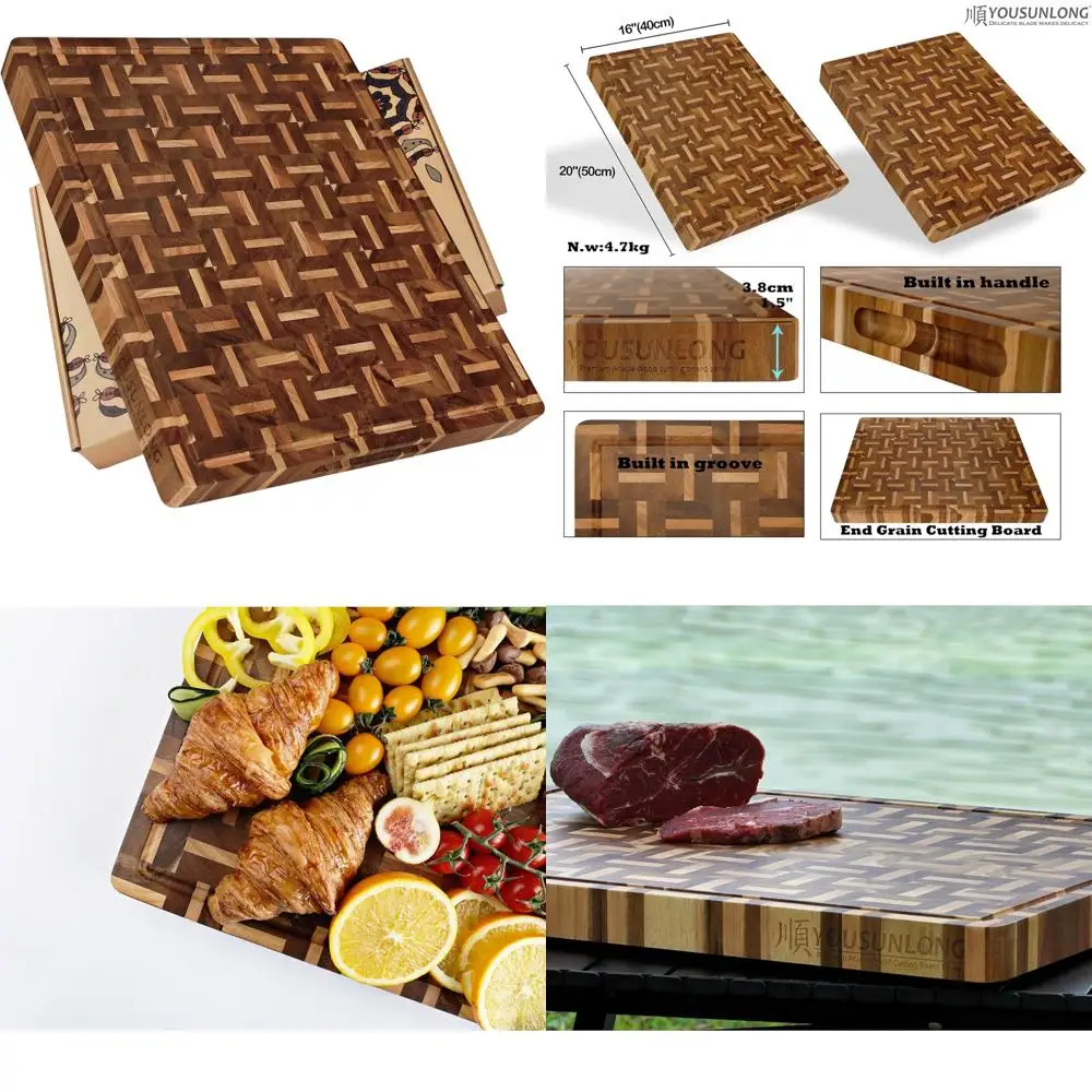 

Acacia & Oak Wood Chopping Board with Juice Grooves, Handle, 20L x 16W x 1.5Th, Built-In for Barbecue & Cooking