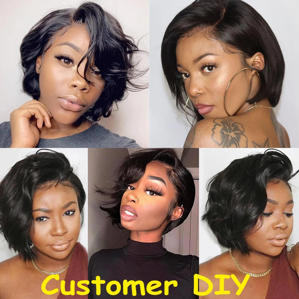 Human Hair 13X2 Wigs Short Pixie Cut Wigs Straight Bob HDTransparent Lace Frontal Wigs For Black Women 250Density Perruque Cheap