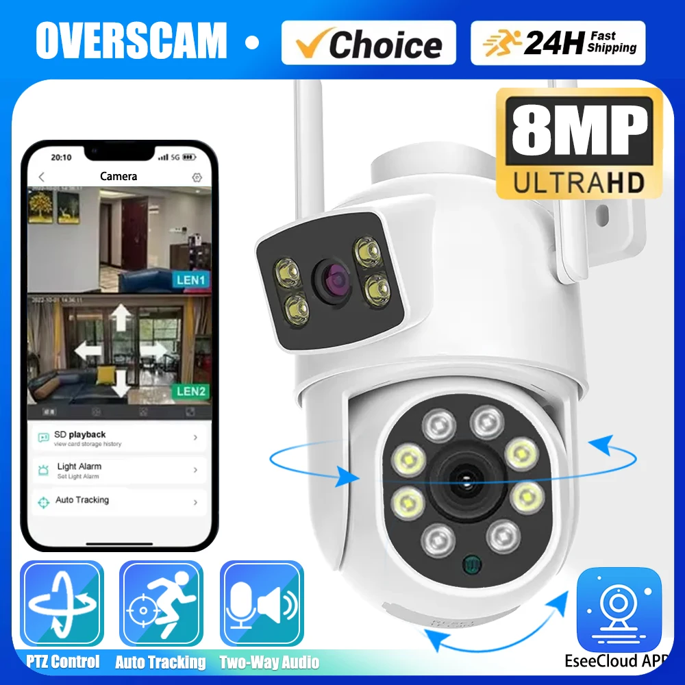 4K 8MP Dual Lens PTZ WIFI Camera Full HD Dual Screen 360° Auto Tracking Outdoor 4MP Security Video Surveillance Camera EseeCloud