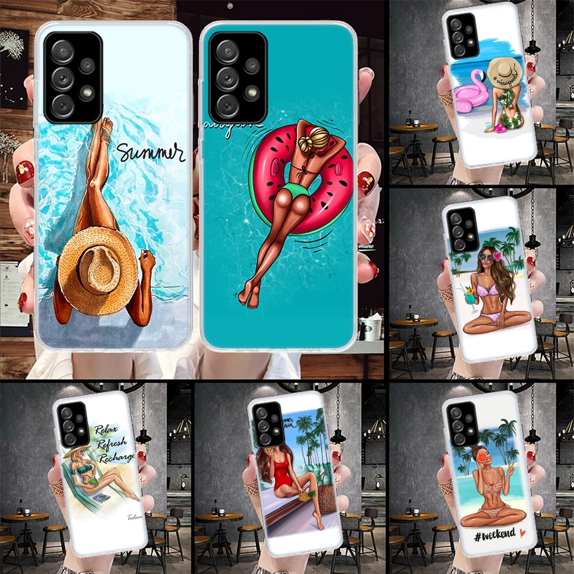 Girl Flamingo Summer Beach Phone Case For Samsung Galaxy A71 A51 A41 A31 A21S A11 A70 A50 A40 A30 A20E A10S A20S A6 A7 A8 A9 + S