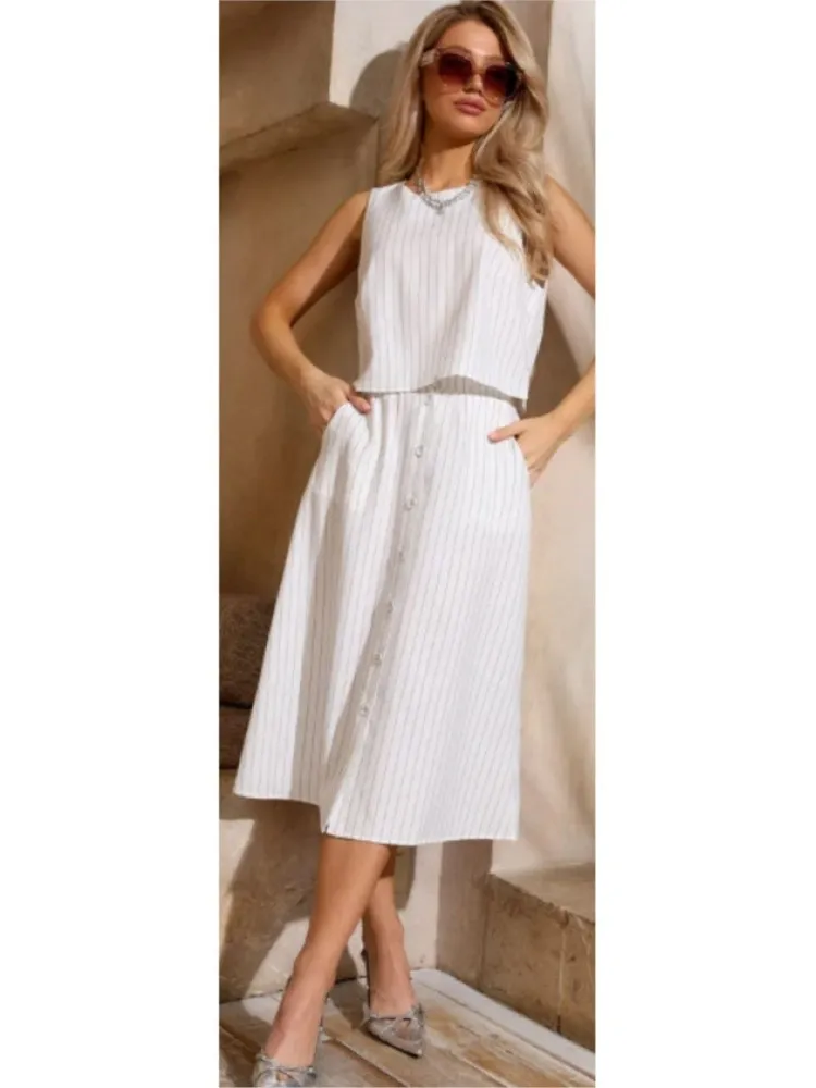 新しい夏のセット女性のカジュアルベストボタンスカートスーツルーズノースリーブベストシングルブレストスカート 2 点セット女性の衣装