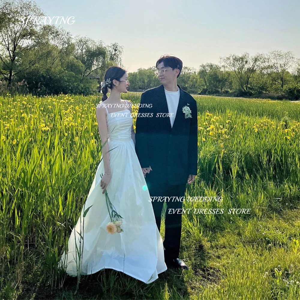 

SPRAYING Simple A Line Taffeta Wedding Dress Korea Photo Shoot Spaghetti Straps Sleeveless Floor Length Bridal Gown Custom Made