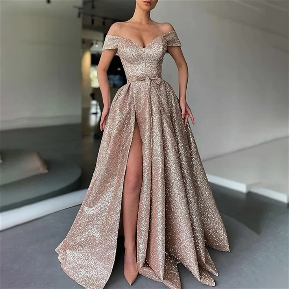 

Lily Off the Shoulder Prom Dress Princess Sequins Celebrity Dresses Women's Evening Dress A-Line Formal Gown with Split 프롬 드레스