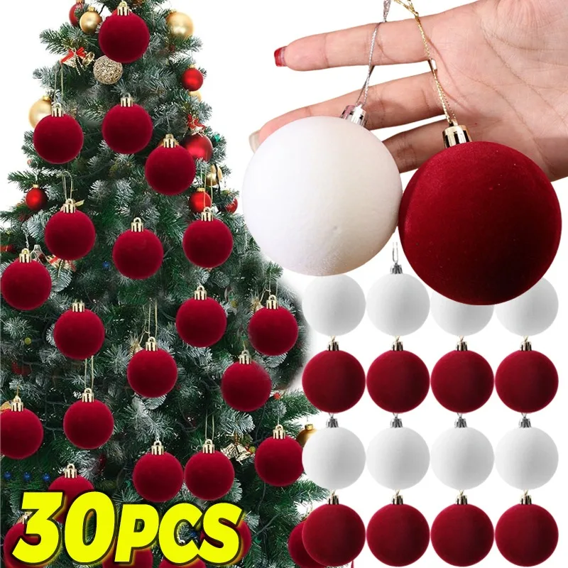 30/1PCS Velvet Christmas Ball Ornaments Red White Xmas Tree Hanging Pendants DIY Home Party Christmas Decoration New Year Gifts