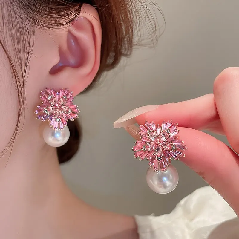 Light Luxury Imitation Pearl Earrings Women Fashion Zircon Crystal Earrings Snowflake Stud Earrings Jewelry For Party Wedding