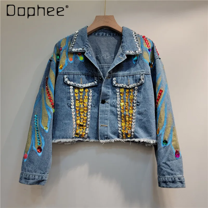 

Handmade Beaded Short Denim Jacket for Women 2024 Spring and Autumn Lapel Single Breasted Long Sleeve Painted Coats Female