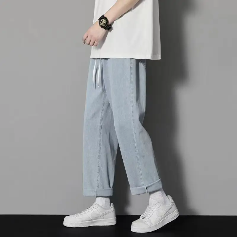 Celana Jeans Pria Musim Panas Model Straight Leg Tipis Longgar Drop Crotch Wide Leg Kasual