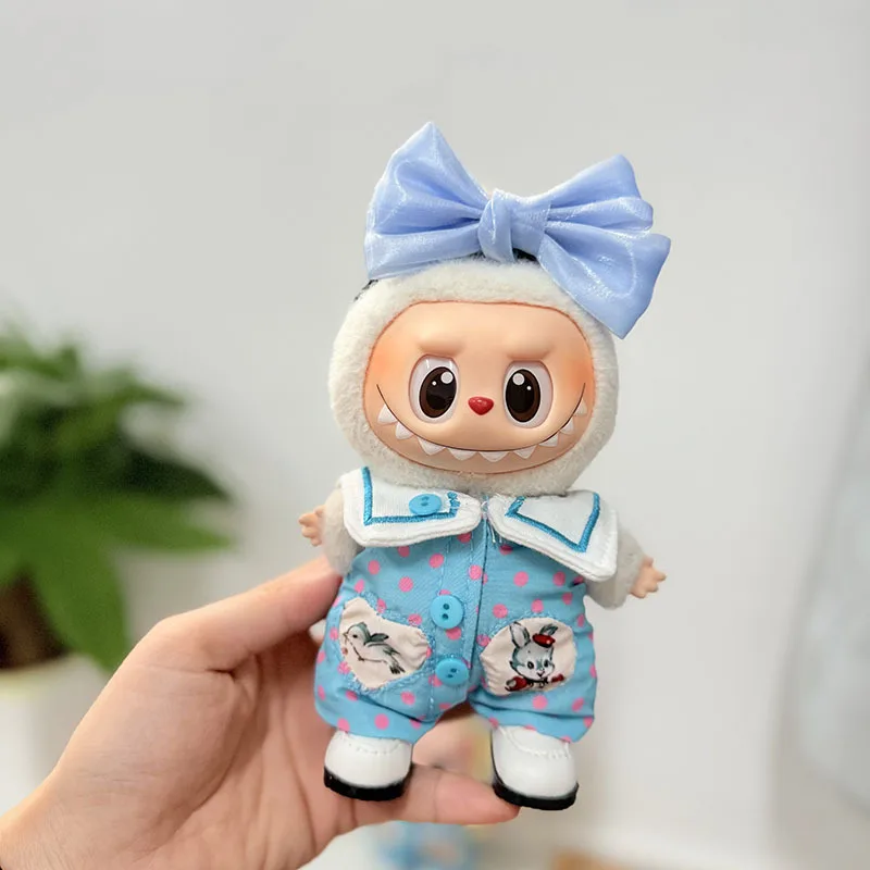 Für Labubu Kleidung Cartoon Verspieltes Sailor Style Set Polka Dot Onesie mit Schleife und Stirnband Puppe Tide Play für Labubu V3 V2 V1