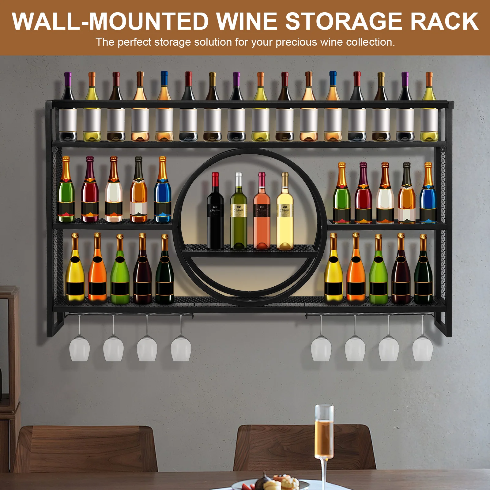 

Bar Liquor Bottle Display Shelf with LED Light Wine Glass Holder Wall-Mounted Floating Wall Wine Bracket For Home Kitchen