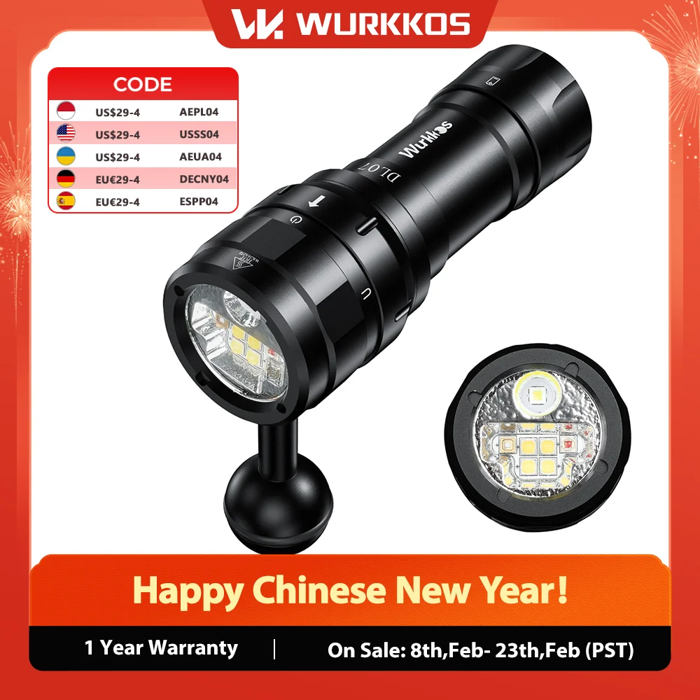

Wurkkos DL07 26650 Dive Light Flashlight 3000LM Multi Color LED Lamp White Red Light Dive Light Rechargeable IPX8 Rotary Switch