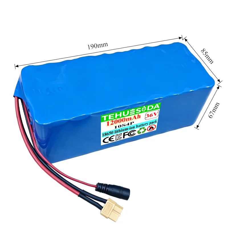36V 12Ah 18650 Lithium Battery Pack 500W High Power 10S4P with Built-in BMS & XT60 Connector