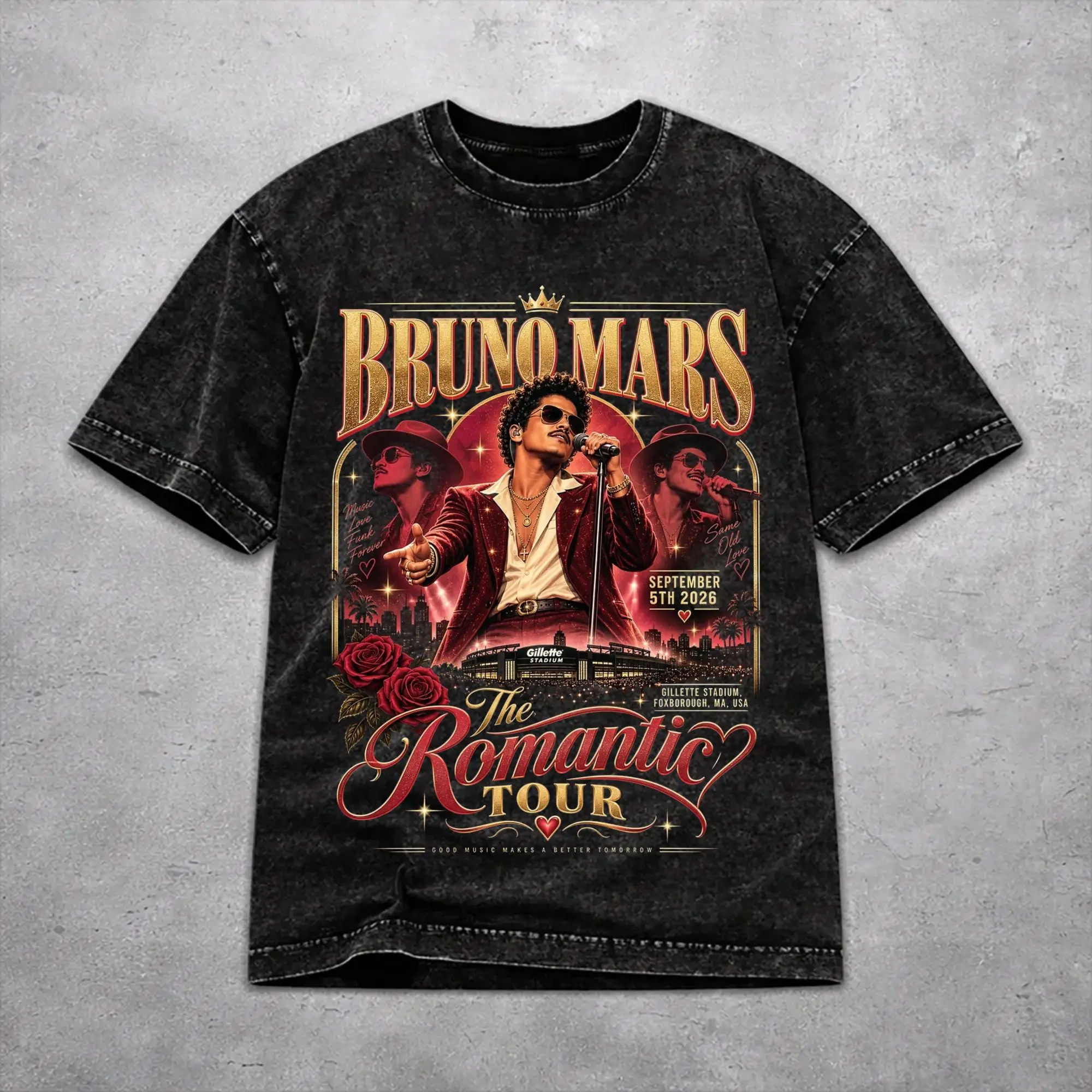 Bruno Mars Romantic Tour 2026 Washed T Shirt Vintage Streetwear Men Women  Loose Tee T-Shirts Cotton