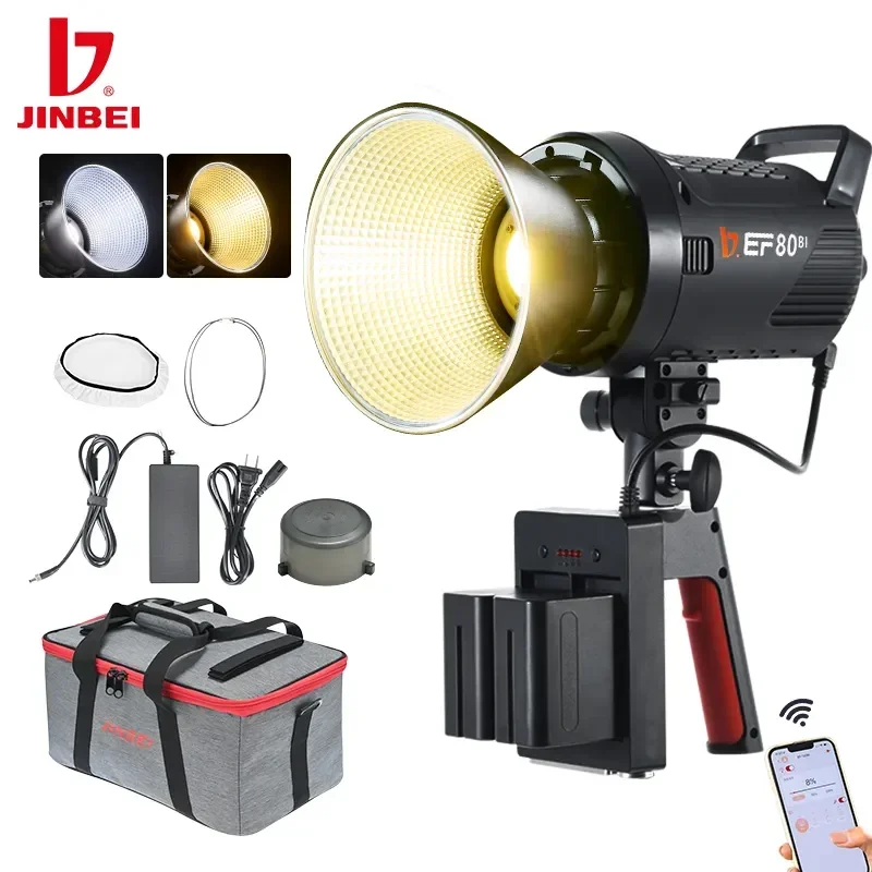Luz de Vídeo LED JINBEI EF80/80BI COB 80W, Kit de Iluminação Portátil para Celular, 2700-6500k, Controle por Aplicativo, AC/DC com Bolsa