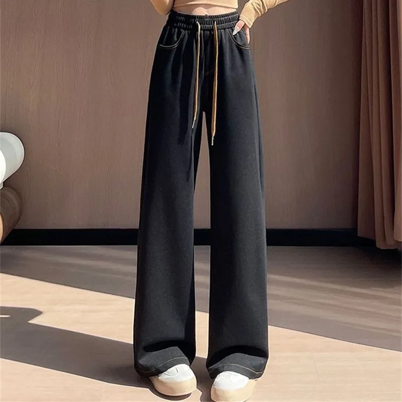 Korean Women Velvet Wide Leg Soft Jeans Autumn Femme High Waist Denim Pantalons Lady Large Size 5XL Cowboy Straight-leg Trousers