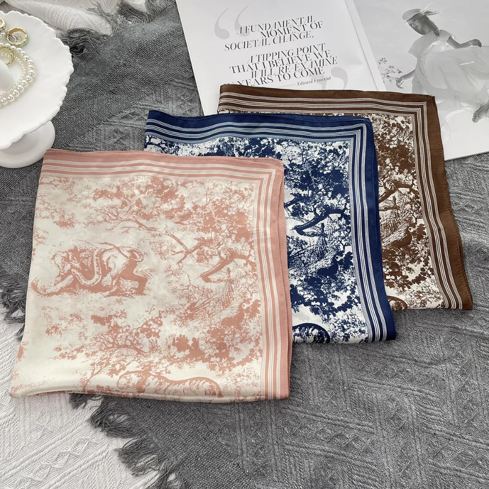 

Маленький свежий шелковый шарф с животными в джунглях для девочек, универсальный шелковый шарф для прогулок, маленький квадратный шарф 53 см, оптовая продажа