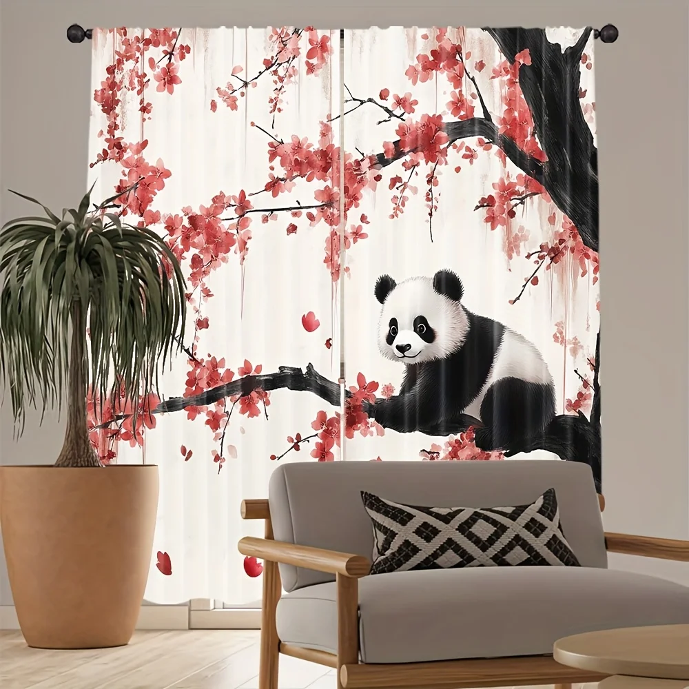 2pcs Panda Cherry Blossom Curtains Peach Skin Polyester Cute Kids Room Bedroom Home Decor