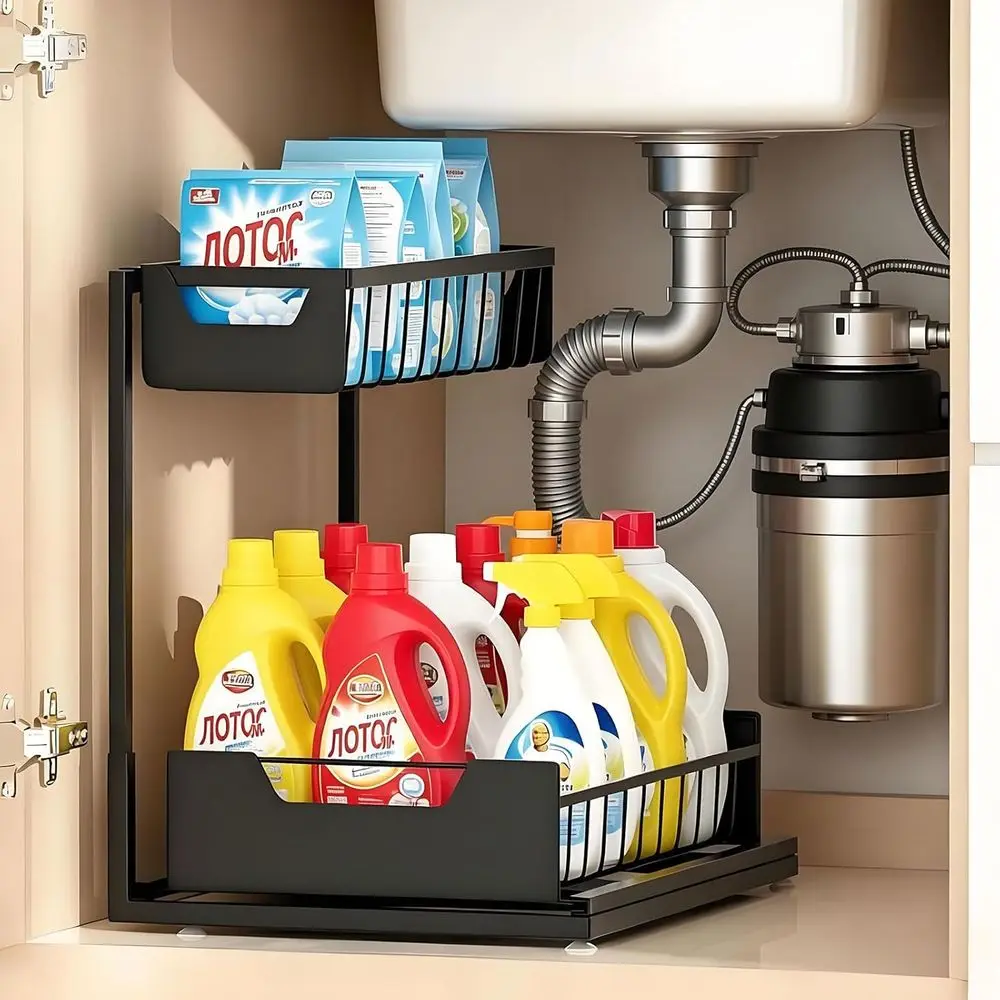 

Двухуровневый металлический органайзер для раковины с выдвижным хранилищем для кухни и ванной (черный)