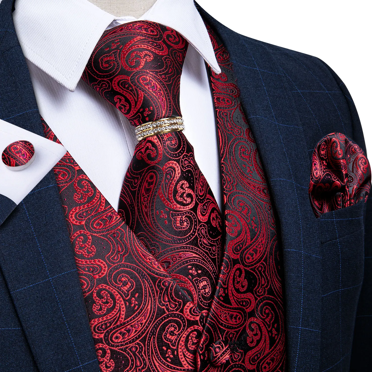 Black Red Paisley Pattern Waistcoat 5 In 1 Matching Kit Vest Tie Cufflinks Pocket Square Ring Ideal For Groom Anniversary