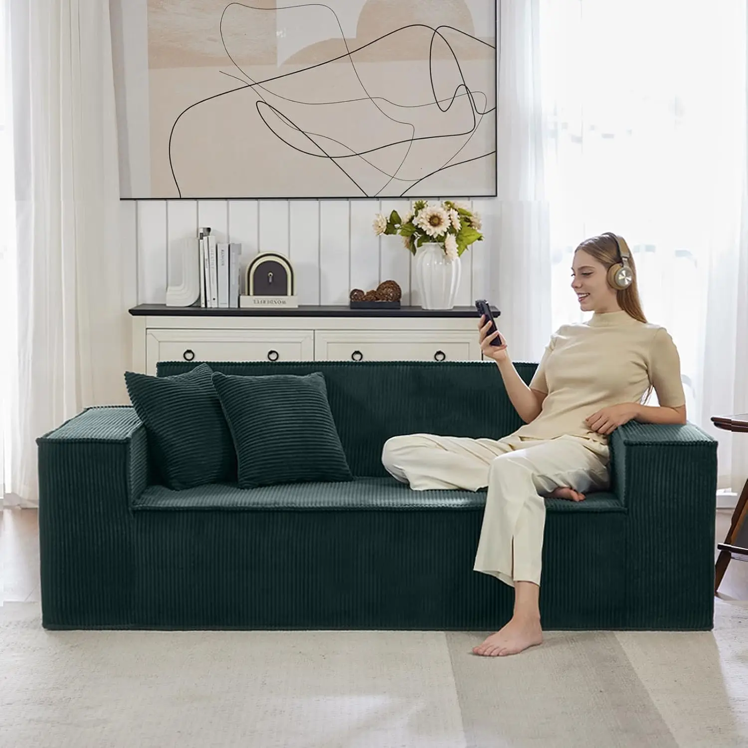 Corduroy Cloud Couch with Pillow, Premium Memory Foam, No Assembly Required, Deep Seat Sofa in Box, Space-Saving Chair for Home,