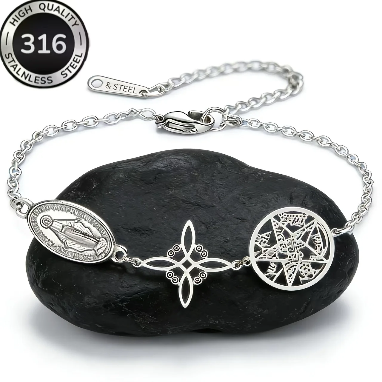 Pulsera Triple Protection Bracelet Silver Color Virgin Mary Witch Knot Pentagram Tetragrammaton Stainless Steel Wrist Jewerly