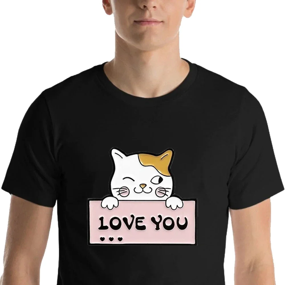 CLOOCL Fashion Cotton T-Shirt Cute Cat I Love You Sticker Tees Couple Black White T-Shirts Adult Teens Short Sleeve Tops S-7XL