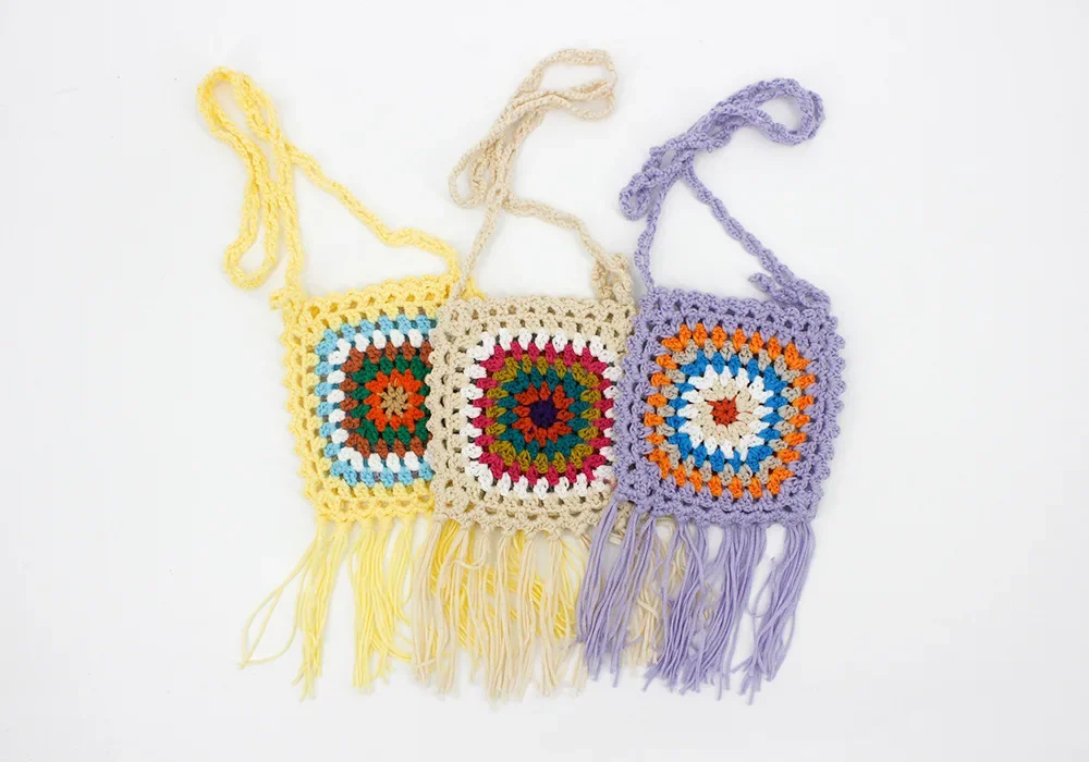 Female Granny Squares Crochet Small Mini Phone Side Sling Bag 90s Fringe Bohemian Boho Ibiza Fish Pocket Portable Pouch Bag Gift