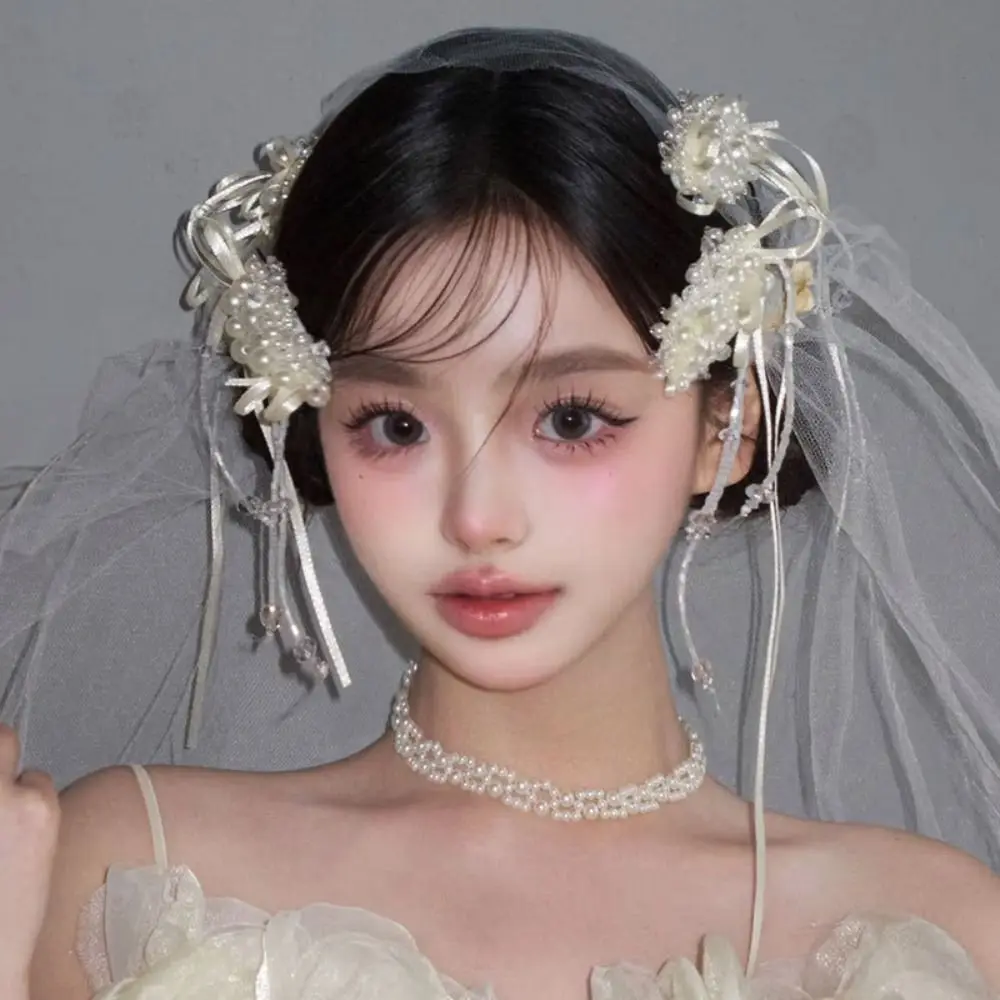 1 쌍 요정 세련된 신부 헤어 클립 화이트 진주 비즈 신부 머리핀 술 수제 웨딩 머리 장식 헤어 액세서리