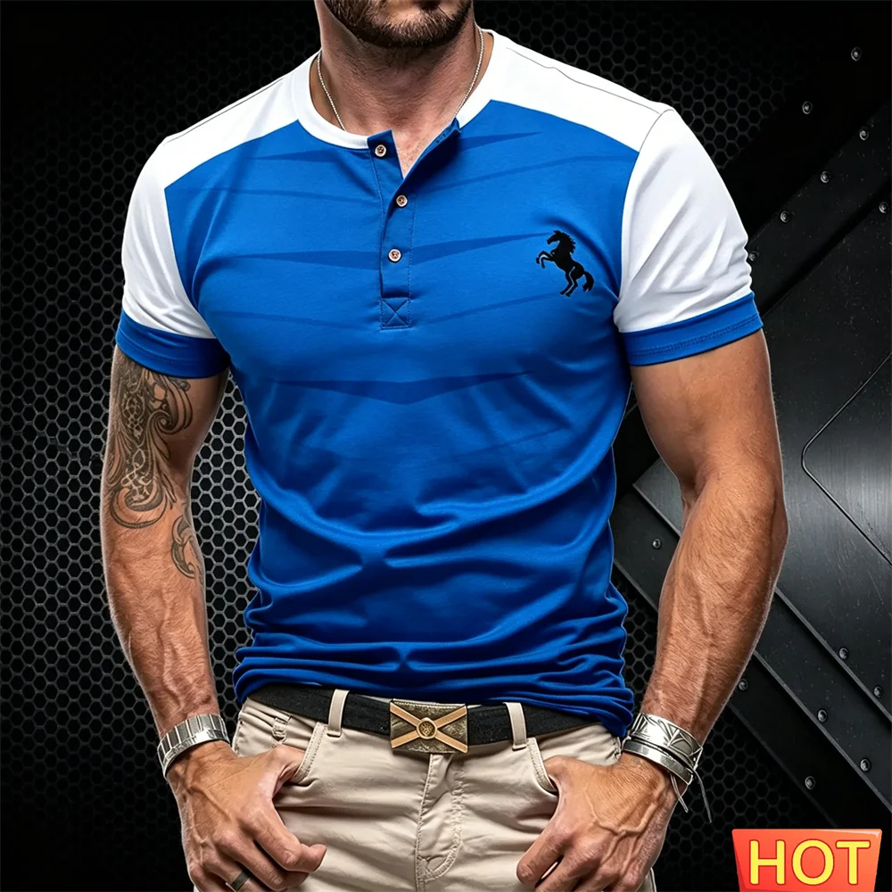 Men's Henry T-shirt gradient Men's button up T-shirt fashion breathable Sport Henry shirt casual shirt street Loose Men clothing