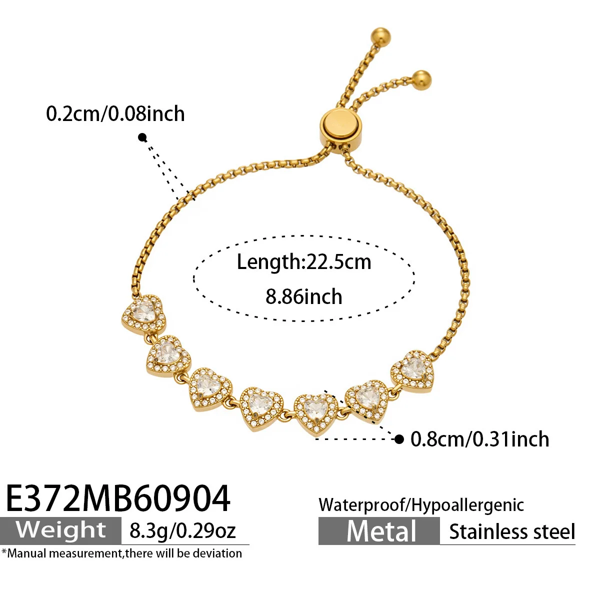 Farbiges Zirkon-Herz-Armband, Edelstahl-Kettenarmband, 18k Vergoldete Armbänder, Verstellbare CZ-Charm-Armbänder für Damen – Detail 8