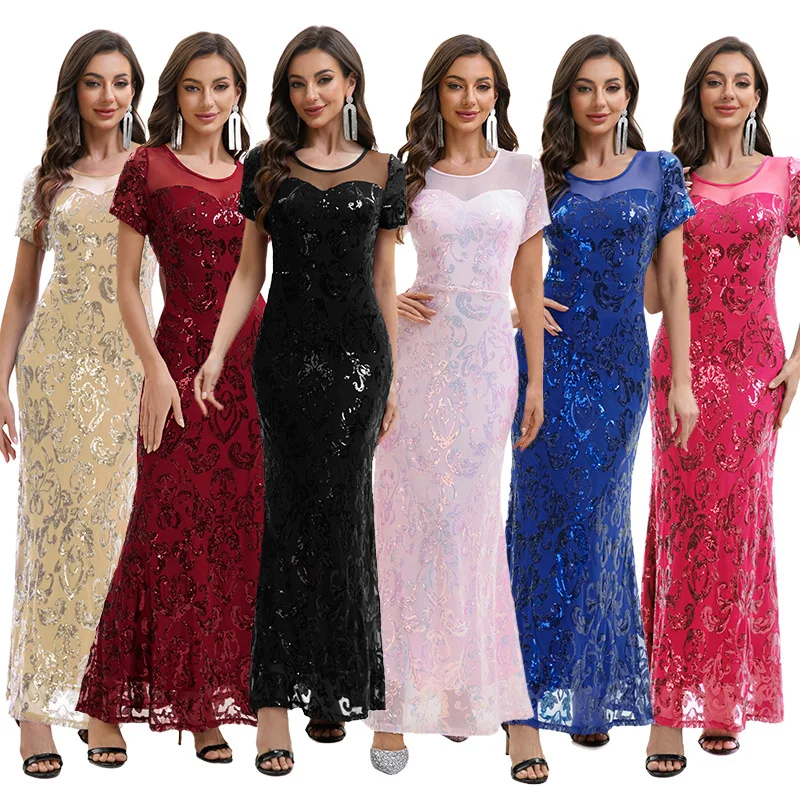 

2025 Spring Sequin Sexy Mermaid Evening Dresses Mesh Short Sleeve Maxi Gown Floral Pattern Party Prom Outfit Theme Clothing
