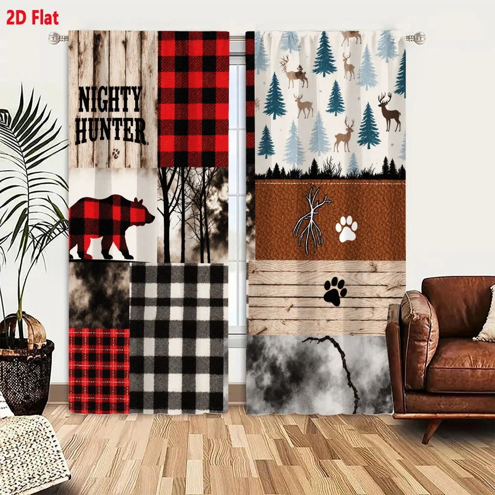 2Pcs Curtains 2D Flat Nature & Hunting Theme Fabric Paper Patches Collage - Plaid, Animal Silhouettes, Forest Scenes, Wooden Tex