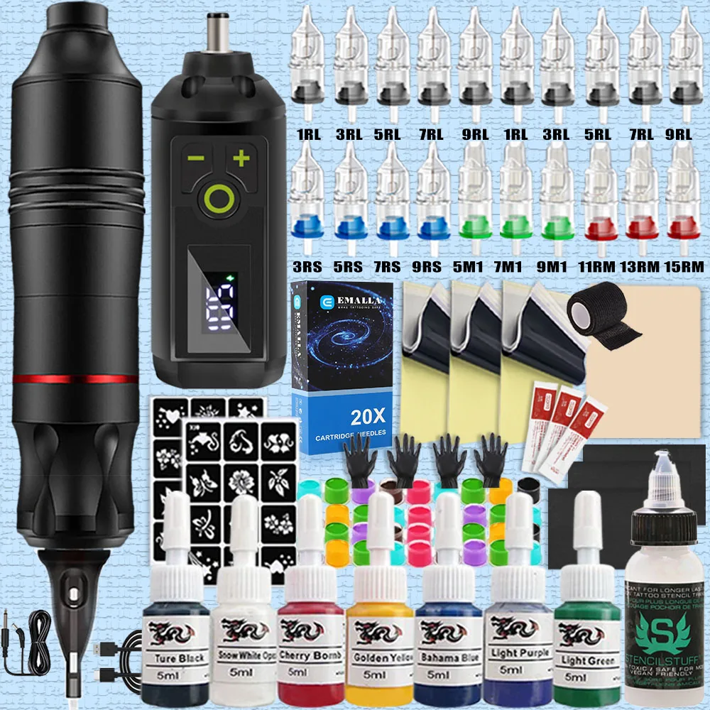 

Профессиональная беспроводная тату-машинка, полный набор, источник питания для татуировки, набор для татуировки, наклейки для татуировки, иглы для макияжа, татуировки для начинающих