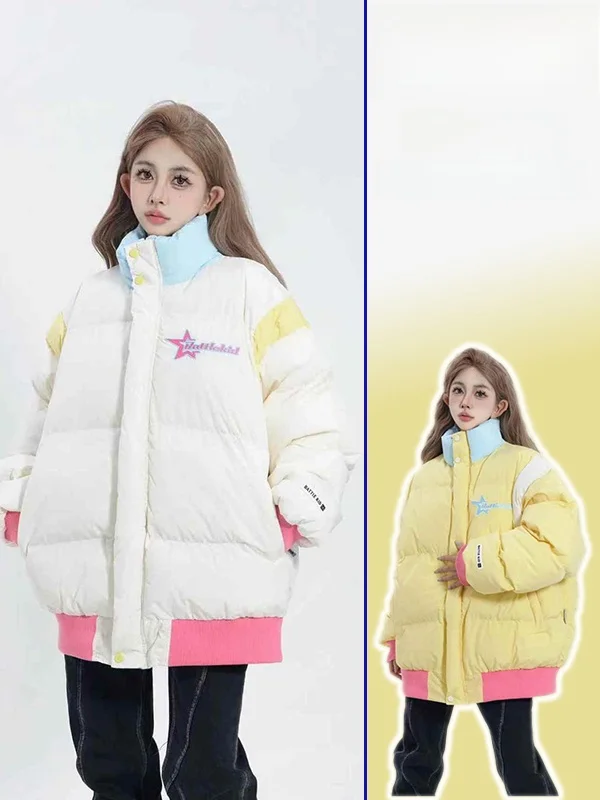 

Зимняя утепленная теплая куртка с воротником-стойкой из хлопка для женщин больших размеров, универсальная, стройнящая, с цветовыми блоками, объемная куртка-пуховик