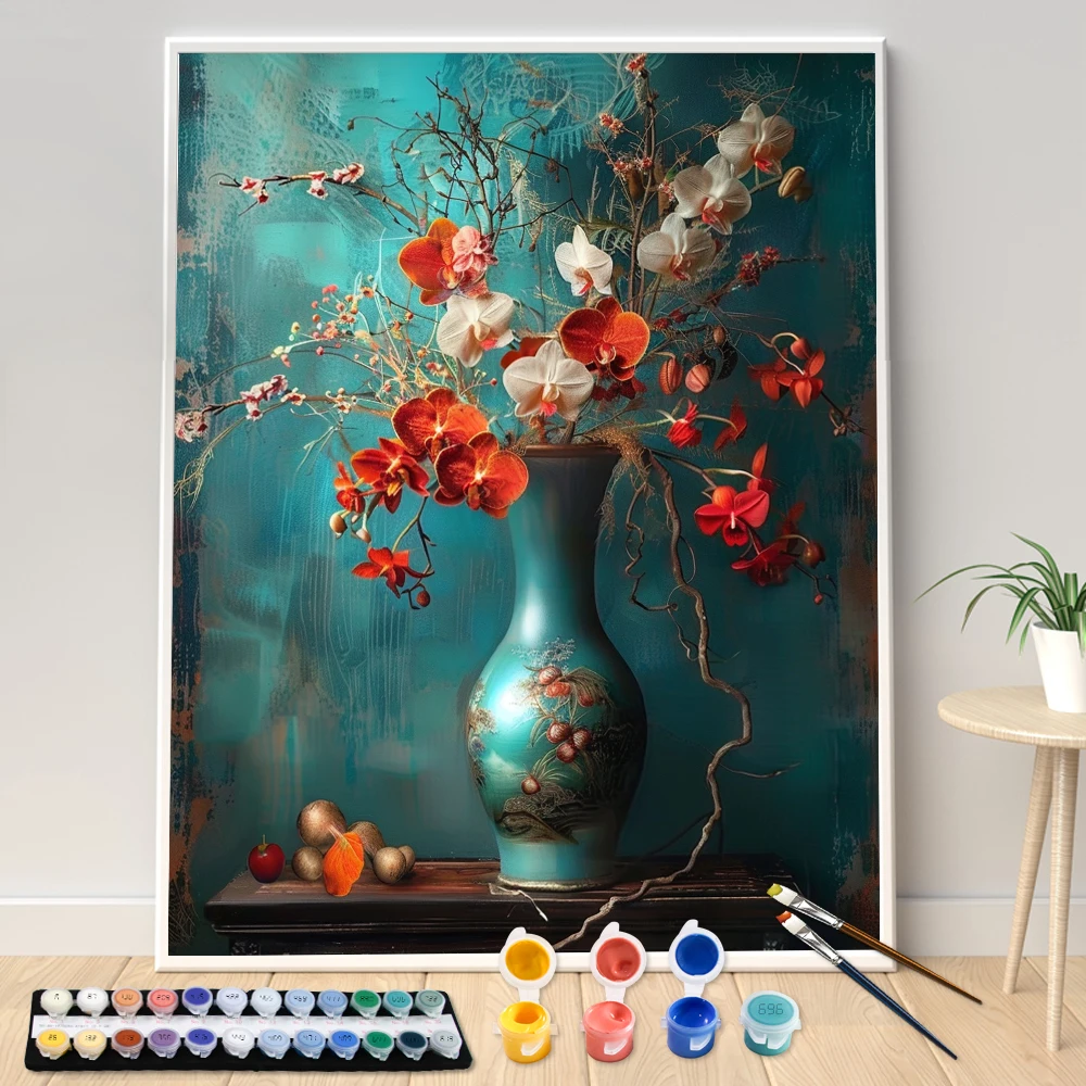 Pintura por números de jarrón francés con flor roja para adultos, Kit de paisaje marino, lienzo de pintura acrílica DIY, obra de arte Canva, regalo de decoración del hogar