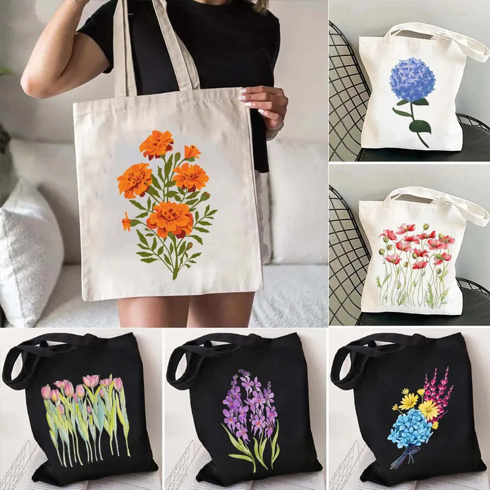 Hydrangea Lavender Lilac Dahlias Marigold Pansy Cosmos Daisies Tulips Poppies Lisianthus Aster Flowers Cotton Totes Bag Handbags