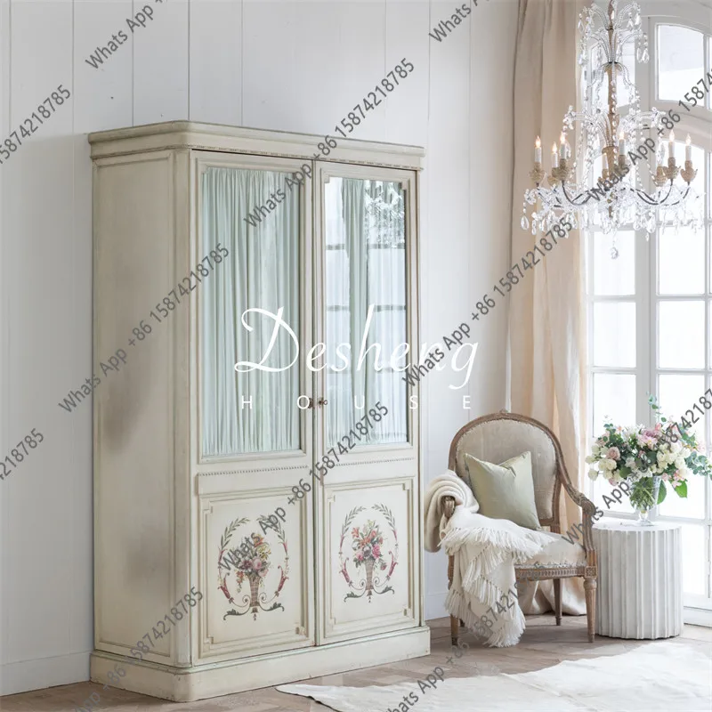 

French solid wood wardrobe retro old pastoral painted wardrobe European simple storage wedding room antique furniture export