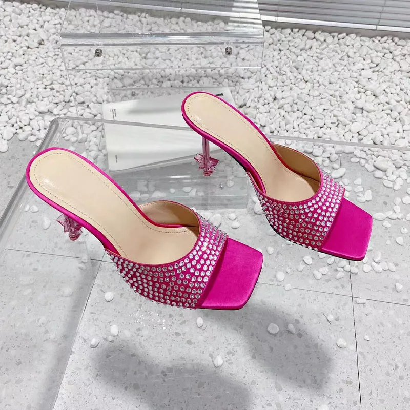 Fairy Rhinestone Transparent Irregular Heel Shoes Casual High-Heeled Slipper Wedding Genuine Leather Shoes Women High Quality